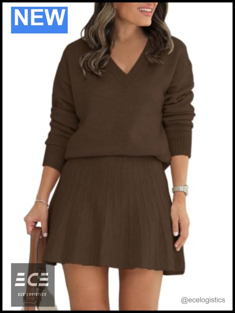2 Piece Sweater Skirt Set V Neck Long Sleeve Pleated Mini Skirt
